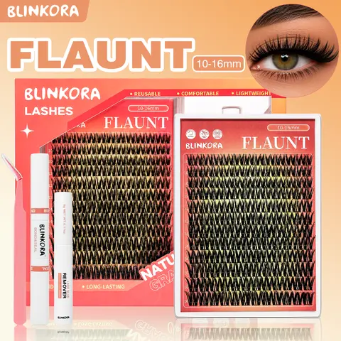 Blinkora Flaunt Lash Cluster Kit - Beauty Eyelash Clusters, Super-Soft Volume Lashes, Nature-Inspired Waterproof Long-Lasting Eyelash Extensions, DIY Daily Makeup, Includes Free Glue, Remover & Applicator