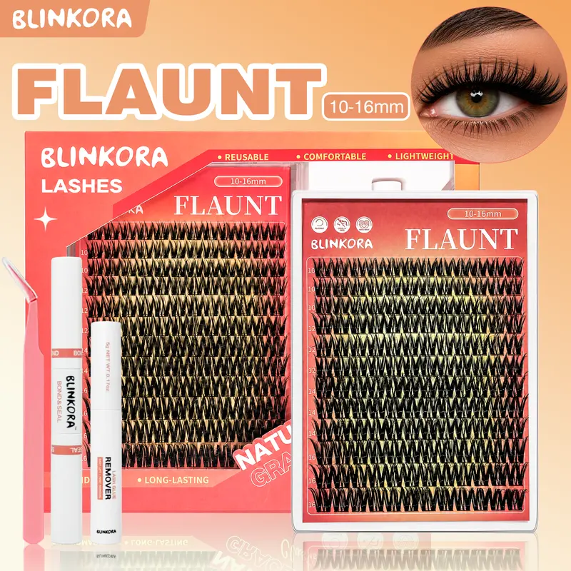 Blinkora Flaunt Lash Cluster Kit - Beauty Eyelash Clusters, Super-Soft Volume Lashes, Nature-Inspired Waterproof Long-Lasting Eyelash Extensions, DIY Daily Makeup, Includes Free Glue, Remover & Applicator