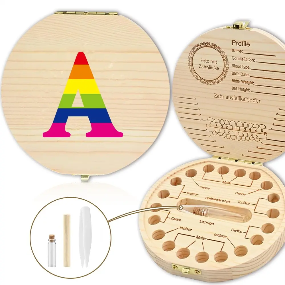 1 Count Wooden Baby Tooth Box, Kids Milk Teeth Organizer with Bottle & Tweezer, Newborn Memory Box, A-Z Letter & Rainbow Pattern, Ideal Gift for New Parents & Baby Shower, Nursery Room Decor