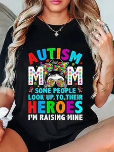 100% Cotton Autism Awareness Mama Messy Bun Mothers day Autism Mom T-Shirt