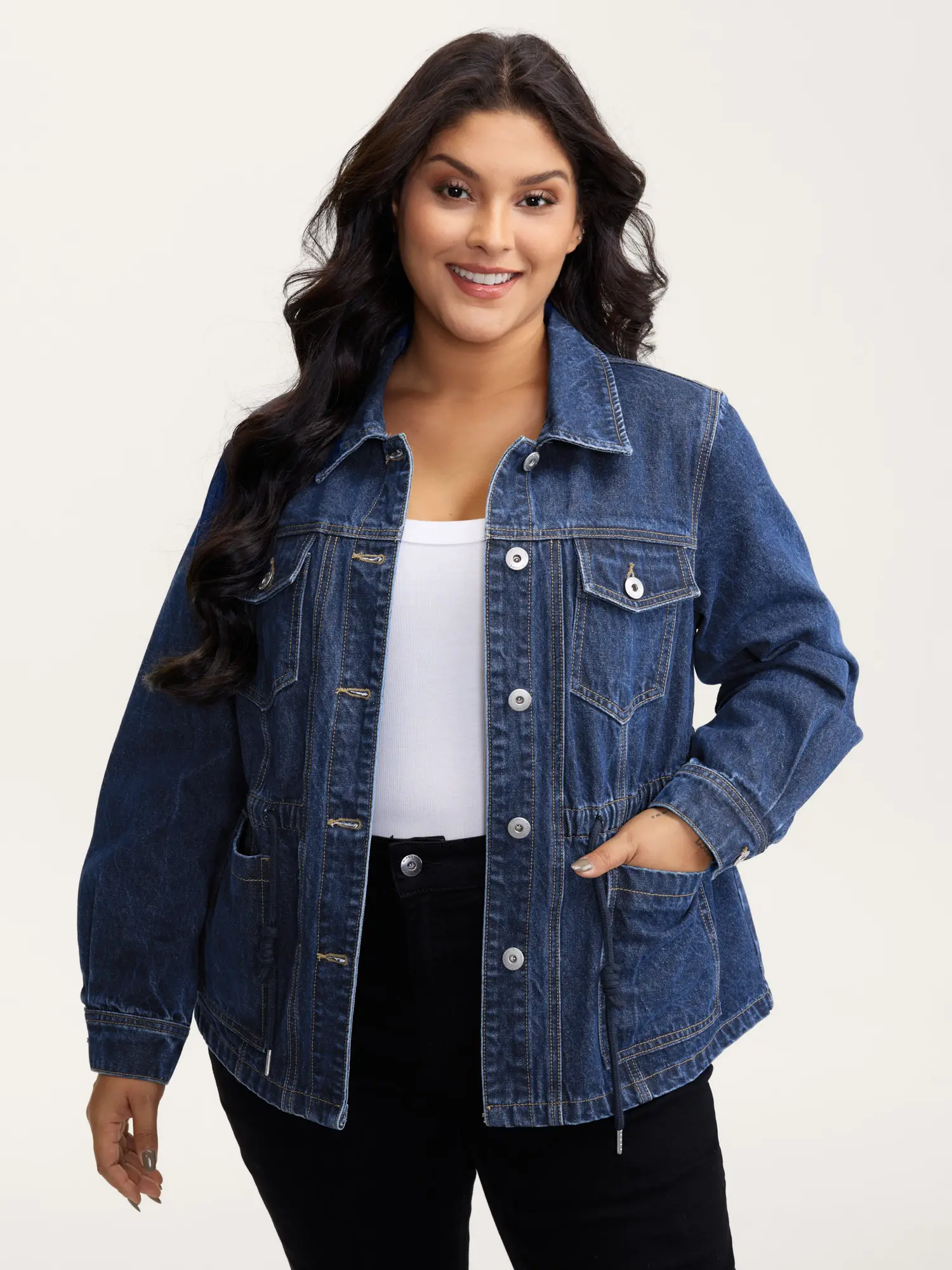BloomChic Women's Casual Fitted Denim Jacket, Button-Down Cotton Polyester Blend Tops with a Drawstring Waist and Pockets, Low Iron, Casual Fitted Jacket, Garment, Layering Outfits, Coats, Basic, Fitted Body