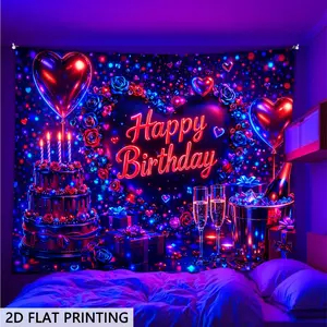 2d Flat, 2d Flat Blacklight Glow in The Dark Tapestry, Neon Happy Birthday Design, Wall Hanging for Bedrooms, Living Rooms, and Offices. Game Room Decor, Festive and Party Decor, College Dorm Decor, 2d Flat