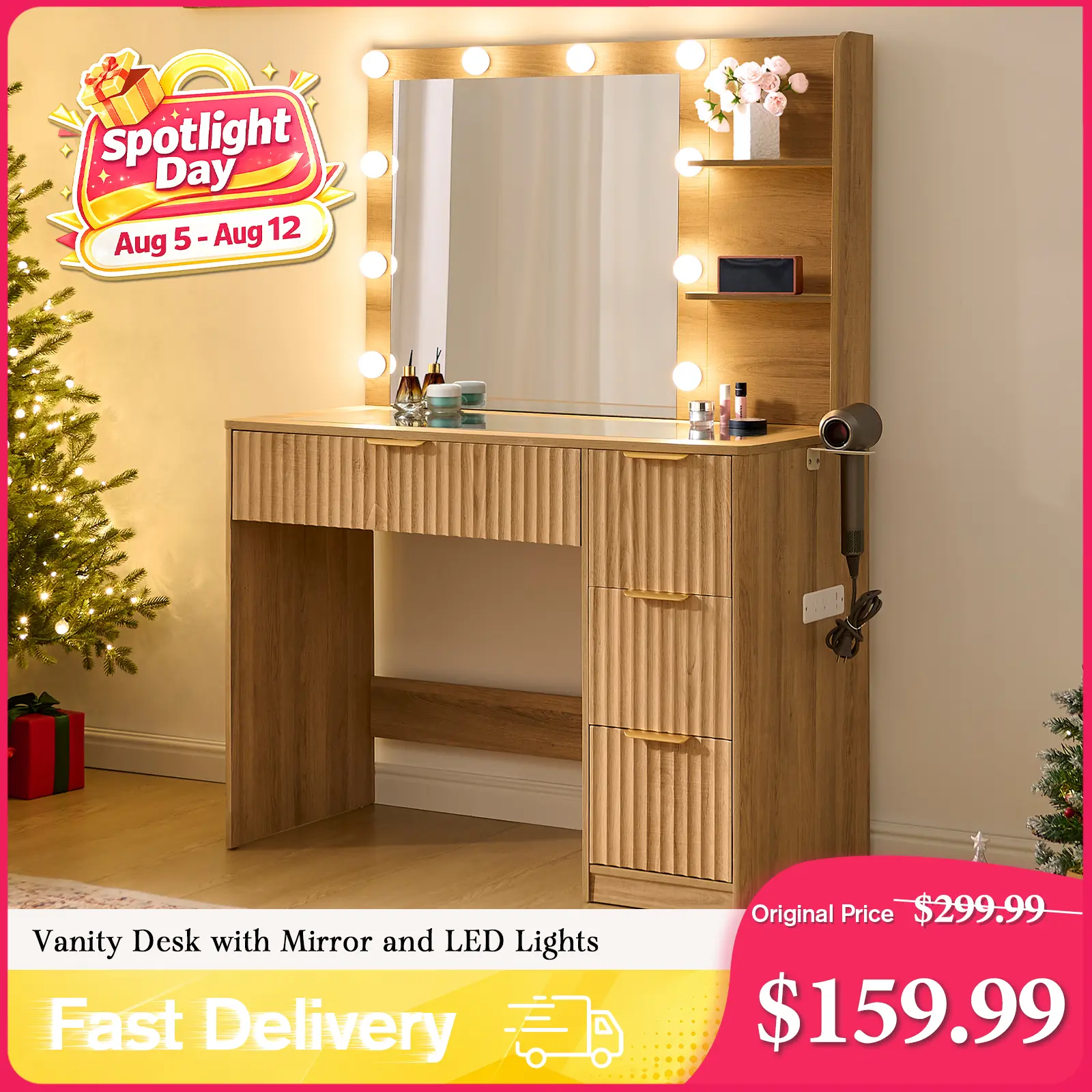 AMERLIFE 36.2/47.2" Fluted Vanity Desk with Mirror and Adjustable LED Lights, Large 4/7 Drawers Makeup Table with Glass Top and Charging Station for Women and Girls, Bedroom or Dorm/Best Gift Ideas/Christmas Gifts[tiktokshopbacktoschool][SohoChic]