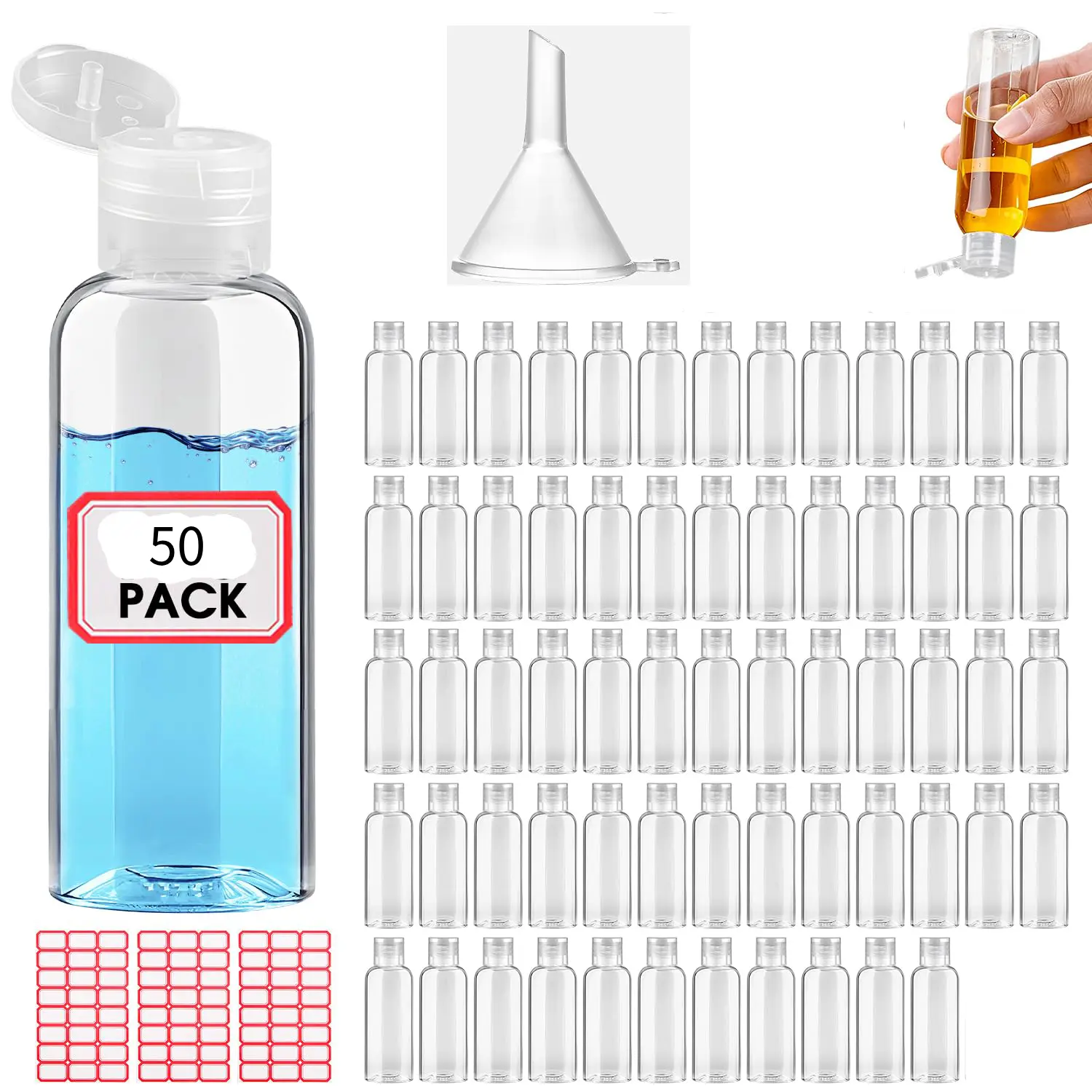 50 Pack Empty 3.4 oz Travel Bottles Tsa Approved Leakproof Plastic Squeezable Small Bottles for Toiletries Liquids Travel Essentials with Black Flip Cap