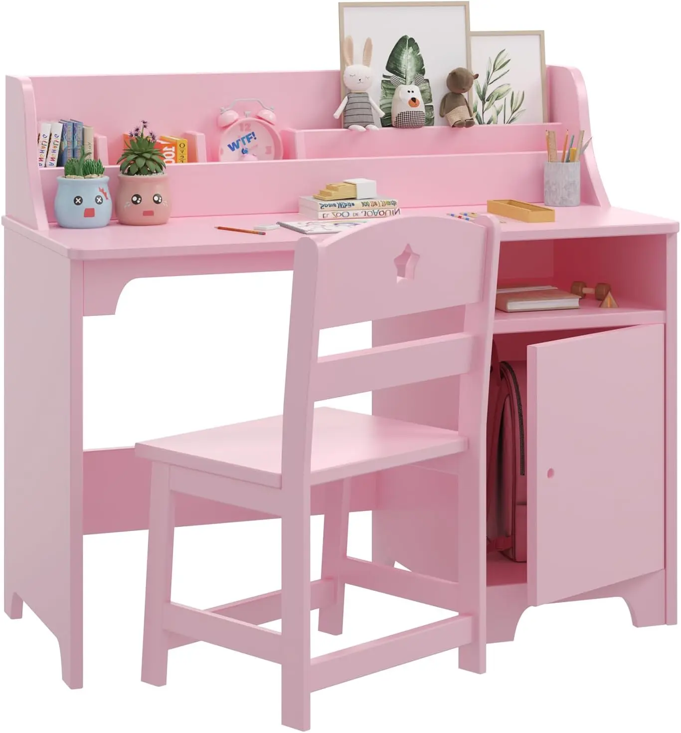 Gaomon Kids' Wooden Desk and Chair Set with Hutch, Storage Cabinet Organizer, Modern Ergonomic Study Writing Computer Workstation, Pink Mini Furniture for Kids' Bedroom & Study Room
