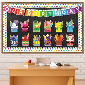 Happy Birthday Bulletin Board Decorations Cupcake Cutouts Border Trim Birthday Calendar Poster Party Supplies for School  Wall Decor Supplies