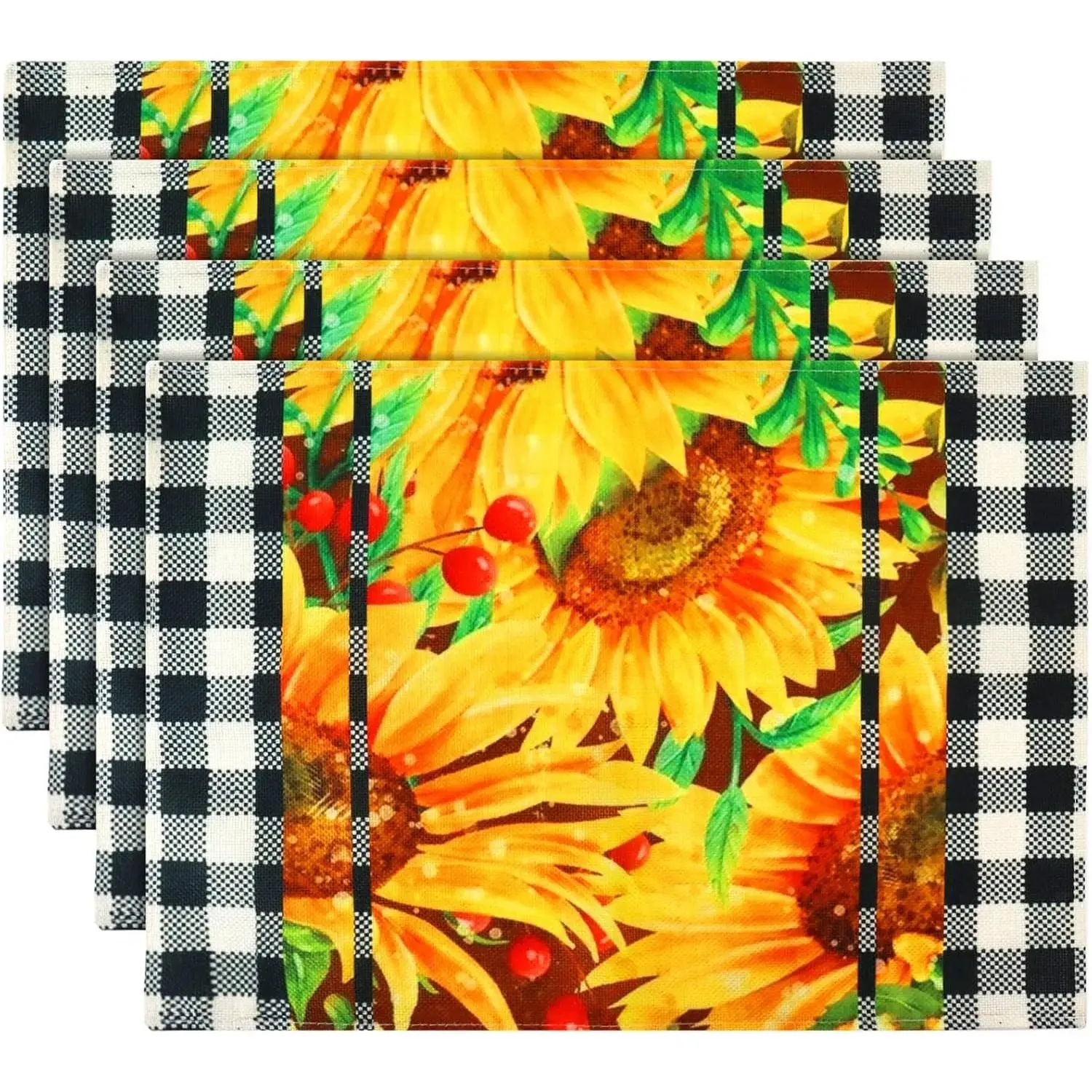 Plaid Sunflower Placemats Set of 4, 13x18 in Heat-Resistant Rustic Vintage Floral Tableware, Washable for Party Dining, Birthday Gift Ideas