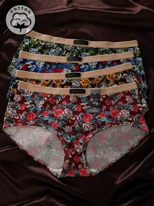 4 Pcs Biweier Women's Cotton Rose Print Briefs Panties Underwear, Soft Skin-Friendly, Vintage Multi-Color, Elegant, Elastic Waistband, Ideal Gift for Girls