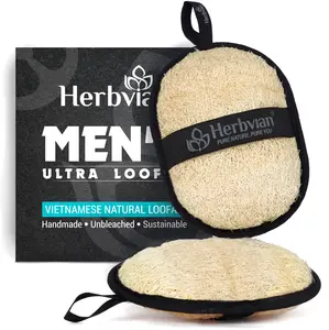 Herbvian Vietnamese Natural Loofah Body Scrubber for Men, with Cotton Hanging Tag, Exfoliating Bath Loofah for Daily Use (Pack of 2)