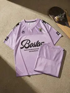 "Men's Light Purple Boston Graphic V-Neck Football Jersey | Y2K Streetwear Oversized Short Sleeve Sports Tee with Motivational Slogan Print for Daily Street Style"
