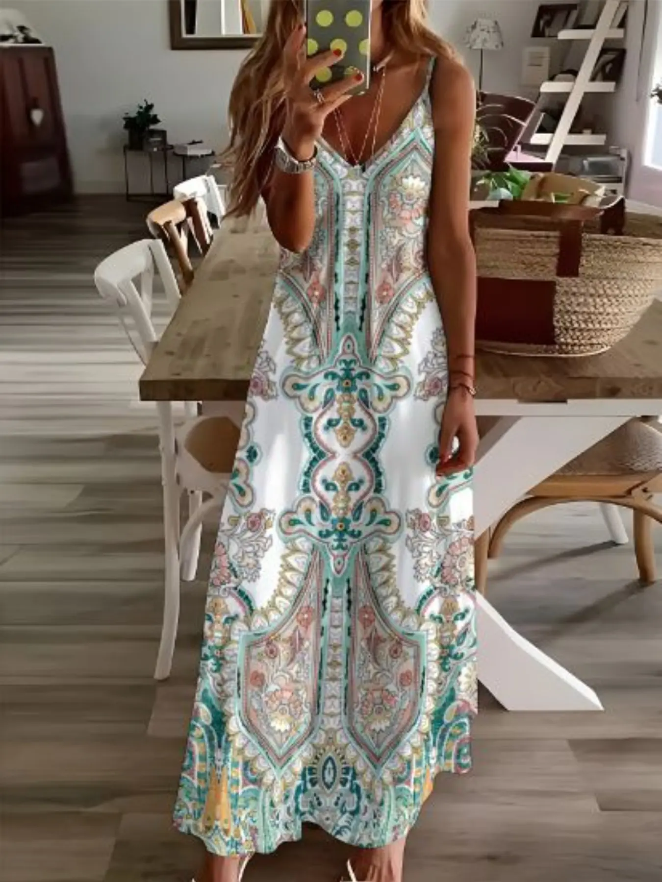 Summer Halter Dress for Women, Vacation Style Bohemian Boho Flowy Attire Chic Colorful Geometric Floral Print V-Neck, Adjustable Straps, Casual Wear Loose Fit, Below Ankle Length