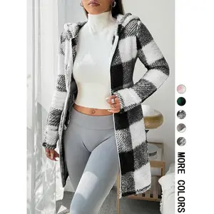 Women's Plaid Fleece Long Sleeve Hooded Coat, Casual Fall & Winter Mid-Weight Longline Outerwear, Comfortable Fit