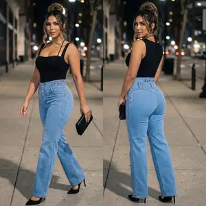 MX JEANS Embroidered Back Push Up Wide Leg Stretch Jeans Light Blue