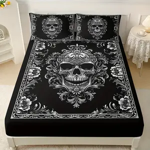 3pcs Gothic Skull & Floral Print Bedding Set Decorative Bedsheet Sets - Breathable Polyester, Machine Washable - Dark Color Palette, 1 Fitted Sheet (30-34cm Deep) + 2 Pillowcases