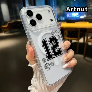 Clear Magnetic Phone Case for iPhone 17 Pro Max 16 Plus 15 14 13 12 11 Air E Volleyball Number 12 Pattern Acrylic Hard Back Soft Silicone Edge Bumper Sockproof Cover for boy girl