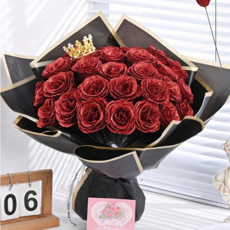 A bouquet of 12 sparkling 2.76-inch artificial roses, perfect for DIY long-lasting artificial rose bouquets, suitable as anniversary gifts, engagement gifts, wedding gifts, home decor, and office decor.