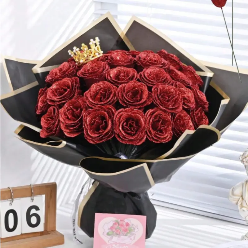 A bouquet of 12 sparkling 2.76-inch artificial roses, perfect for DIY long-lasting artificial rose bouquets, suitable as anniversary gifts, engagement gifts, wedding gifts, home decor, and office decor.