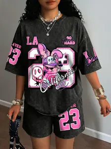 Cartoon Bunny and 23 Number Print Cotton Two-Piece Women's Set, Casual Short Sleeve T-Shirt and Shorts, Comfortable All Seasons