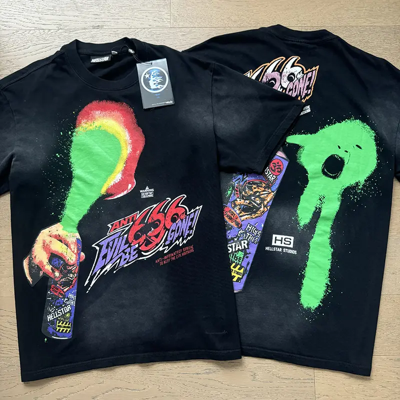 Hellstar Anti Evil Gone Graphic T-Shirt, Graffiti Spray Can and Neon Green Flame Artwork with Bold Front Back Print, Washed Black Cotton Loose Tee for Men Women, Y2K Punk Streetwear Fashion Accessories