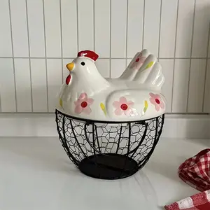 Rustic Farmhouse Hen-Shaped Ceramic Egg Basket, Metal Wire & Lid, Decorative Multi-Use Kitchen Organizer, Dustproof Sealed Design