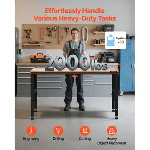 VEVOR Adjustable Workbench, 2000 lbs Capacity, 61x 20-inch Heavy Duty Work Bench with 27.1-36 Inches Height Adjustment, Garage Workbench with Power Outlets, Suitable for Office, Garage, Workshop