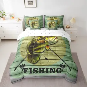 Feelyou 7-Piece Rustic Wooden Pike Fish & All-Season Bass Bedding Set - Breathable Duvet, Bedroom, Bedsheet, Decorative Set with Comforters, Sheets, Pillowcases & Shams for Fishing Enthusiasts, Bedroom Bedding Set, Bedsheet Sets