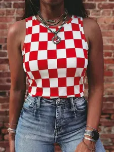 Sexy Chessboard Print Slim Fit Crop Top for Women - Summer Fashion Plaid Colorblock Sleeveless Vest - Stylish Gingham Pattern Round Neck Top - Lightweight Breathable Stretch Fabric for Casual Everyday Elegance
