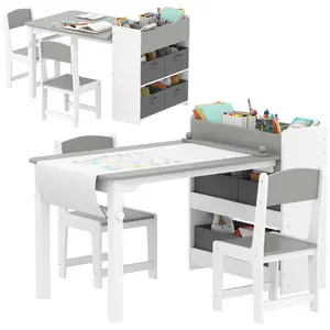Kids Desk and Chair Set with Paper Roll, Kids Activity Craft Table with Storage Shelves and Drawers, Gray