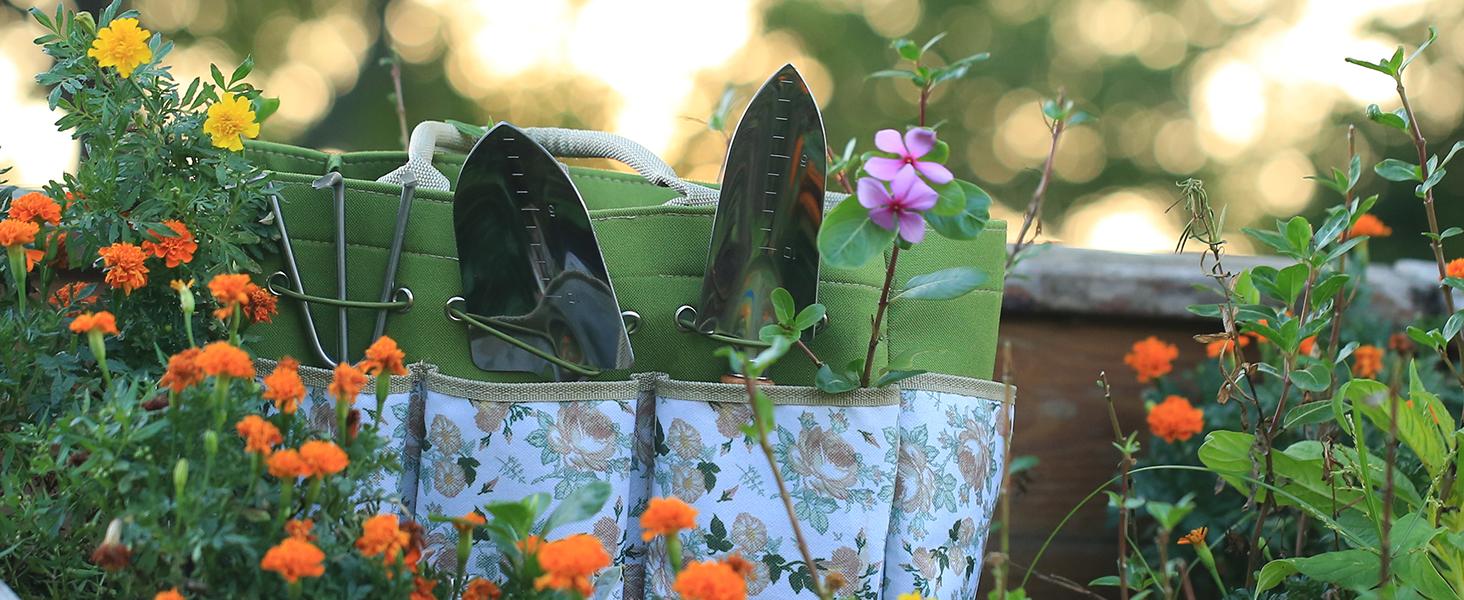 Gardening Tools 9-Piece Heavy Duty Garden Hand Tools with Fashion and Durable Garden Tools Organizer Handbag, Rust-Proof Garden Tool Set, Ideal Gardening Gifts for Women