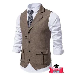 Men's Solid Button Front Pocket Suit Vest, Regular Fit Casual Formal Lapel Sleeveless Suit Vest for Work Office Business, Men's Clothes for All Seasons