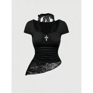 Grunge Punk Gothic Cross Pendant Gentle Lace Patchwork 2 In 1 Scoop Neck Fitted Women T-Shirt