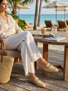 Women's Elegant ESYAZO Woven Raffia Closed-Toe Mules - Classic, Breathable, Cushioned Slip-On Loafers with Gold-Tone Chain Link Strap, Premium Women's Footwear