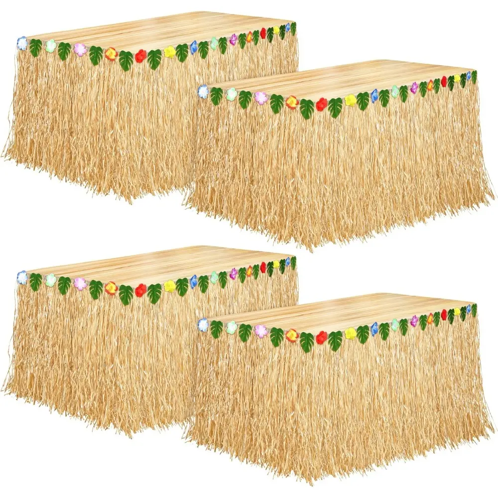 4-Pack Colorful Large Size Hooked Synthetic Grass Rectangle Table Skirts (108x29.5 in) - Fluffy, Waterproof, Straw Luau Style with Adhesive Tape, for Luau Parties, Hawaiian-Themed Tropical Decor, Kitchen Drinkware Accessory, Four Packs