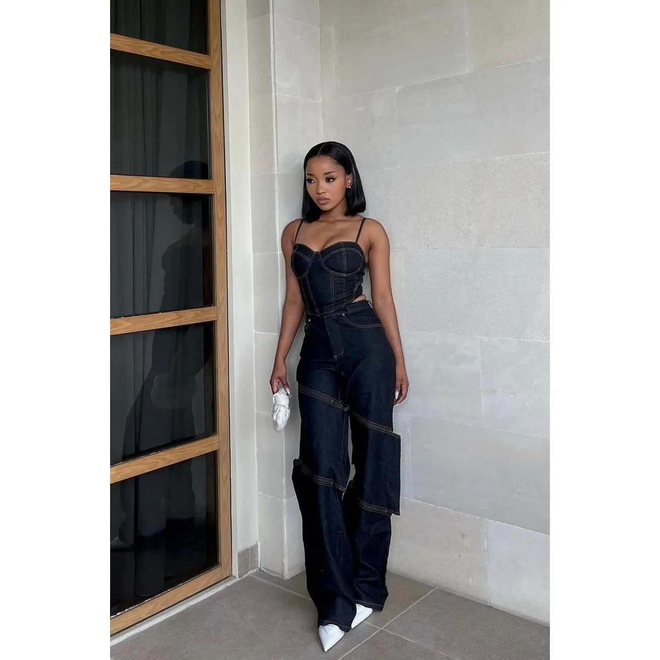 Women's 2-Piece Cotton Blend Denim Clothing Set - Dark Wash Sleeveless Stretch Corset Top with Adjustable Straps, Lace Accents; Wide Leg Pants with Side Cutouts, Buttons, Zipper (Plus Sizes Available)