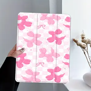 Coquette Aesthetic Pink Gingham Check Balloon Dog Print Tablet Case with Golden Glitter Accents, Glossy Full Front, Pencil Holder Compatibility, Auto Wake-Sleep Function, No Pen Included, Tablet Covers