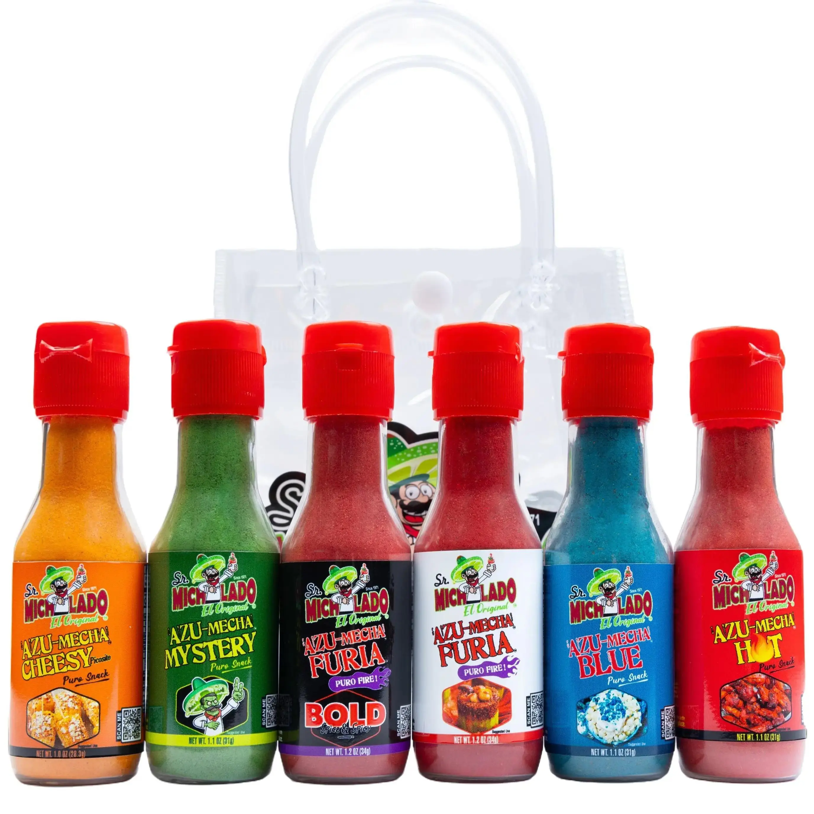 Azu-Mecha Travel Set (6 Flavors) - Furia, Bold, Blue, Hot, Mystery, Cheesy - Snack Seasoning - Sr. Michelado - Bottle Flavor Spice powder