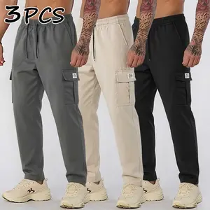 3PCS Men’s Straight-Leg Cargo Pants, Lightweight & Breathable, Multiple Pockets, Elastic Waist Drawstring, Work/Casual Everyday Style