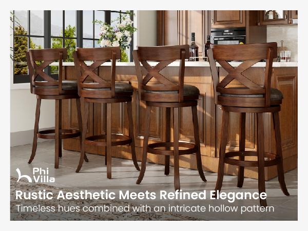 PHI VILLA 30 inch Bar Height Stools Set of 2/3/4,Swivel Wooden Barstools Tall Upholstered Faux Leather Barstool with Back,Vintage Bar Height Chairs,Dark Brown Kitchen Stools