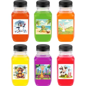 6 count Juice Bottles with Caps,  Plastic Small Empty Juicer Bottles for Juicing and Drinks (10oz, Stylish Labels)