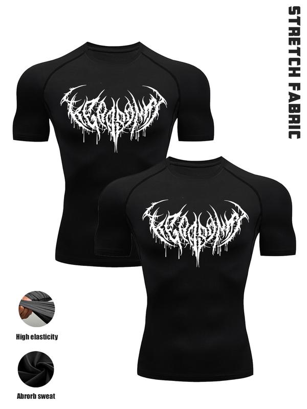 Men’s 2 Pack Gothic Workout T-Shirts, Cool Print Design, Stretch Fit Compression Shirts for Intense Training, Polyester Blend, Black White Set, Ideal for Gym, Strength Training, Streetwear & Casual Wear