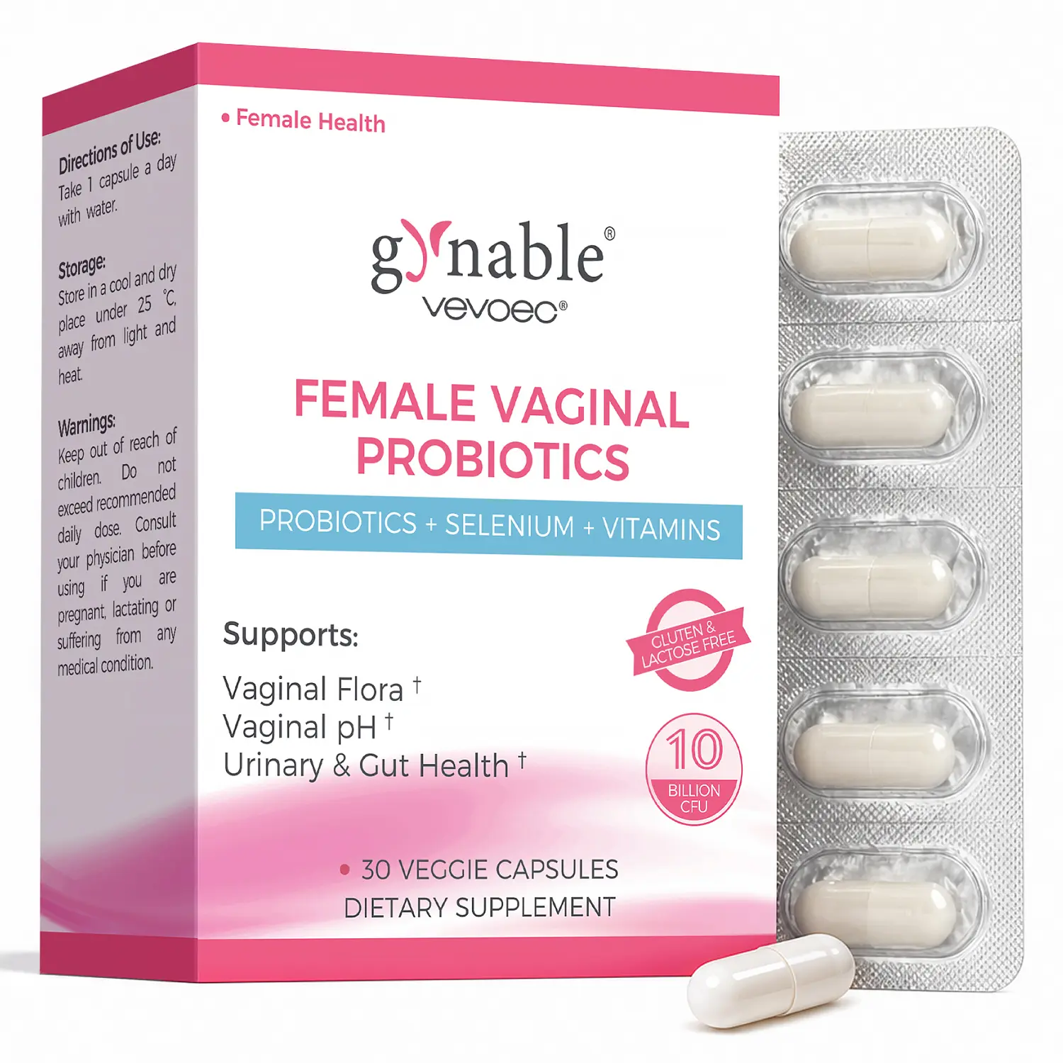 Gynable Female Probiotics for HPV,BV,UTIs,Yeast,pH Balance,Odor,Bloating,Dryness, Tightening, Urinary,Gut Health,10 Billion CFU Probiotic,10-in-1 Lactobacillus Probiotic Blend,Vitamin C, D, E,Folate, Selenium Capsule Healthy Women’s Probiotics Supplement