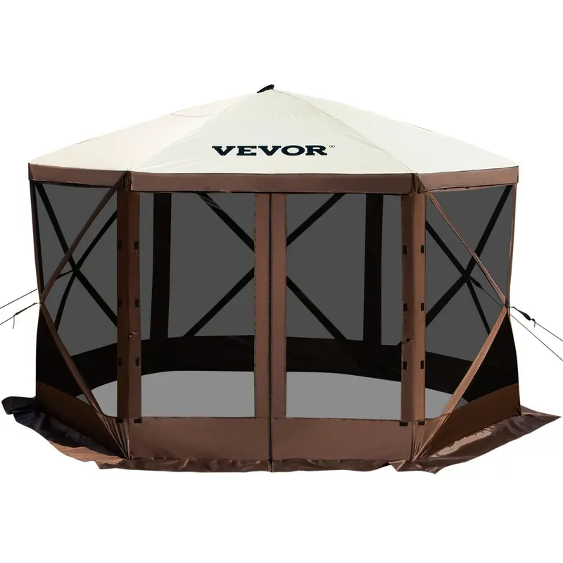 VEVOR 12ft x 12ft Oxford Fabric Pop-up Camping Gazebo Screen Tent - 6-Sided Lightweight Patio Canopy, Sunshade Canopy, Mesh Windows, 2 Versions, Stable Design, 5 Guy Ropes, Ground Stakes, 35 lbs, Portable Carry Bag for 8 People Backyard Outdoor Use