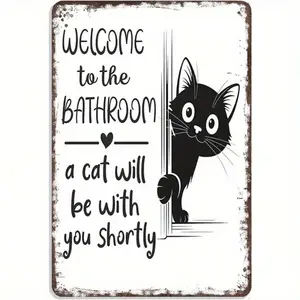 Funny Bathroom Decor - Vintage Metal Tin Sign "Welcome To The Bathroom - A Cat Will Be With You Shortly" - Retro Black Cat Peeking Door Design - Bathroom, Living Room, Office Decoration - No Wiring Needed - Pet Lover Gift - 8x12 Inch, Durable Wall Art