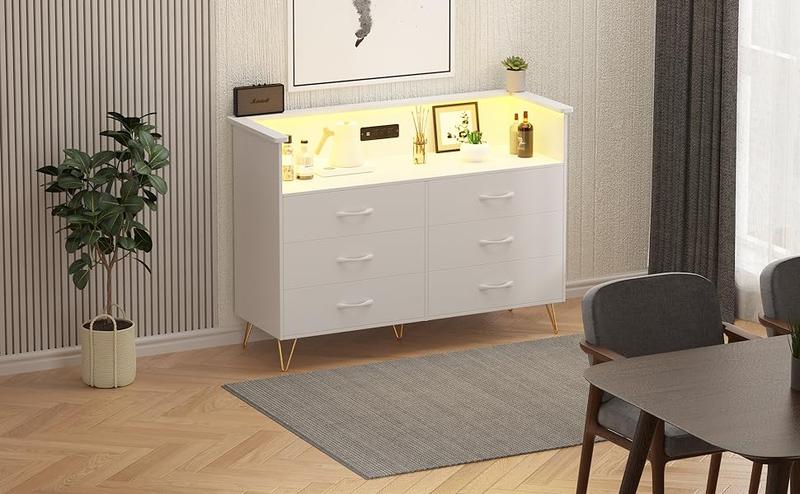 GARVEE Dresser with LED Light for Bedroom 6 Drawer, Wooden Dressers with Charging Station, Large Double Dresser with Wide Drawers, Modern Chests of Drawers for Living Room, Hallway, TV Stand GARVEE Dresser with LED Light for Bedroom 6 Drawer, Wooden Dressers with Charging Station, Large Double Dresser with Wide Drawers, Modern Chests of Drawers for Living Room, Hallway, TV Stand