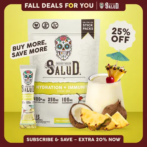 Salud 2-in-1 [Hydration + Immunity - Piña Colada] Electrolytes Powder, Agua Fresca Drink Mix, Elderberry, Dairy & Soy Free, Non-GMO, Gluten Free, Vegan, Low Calorie, 1g Sugar (15 Servings)