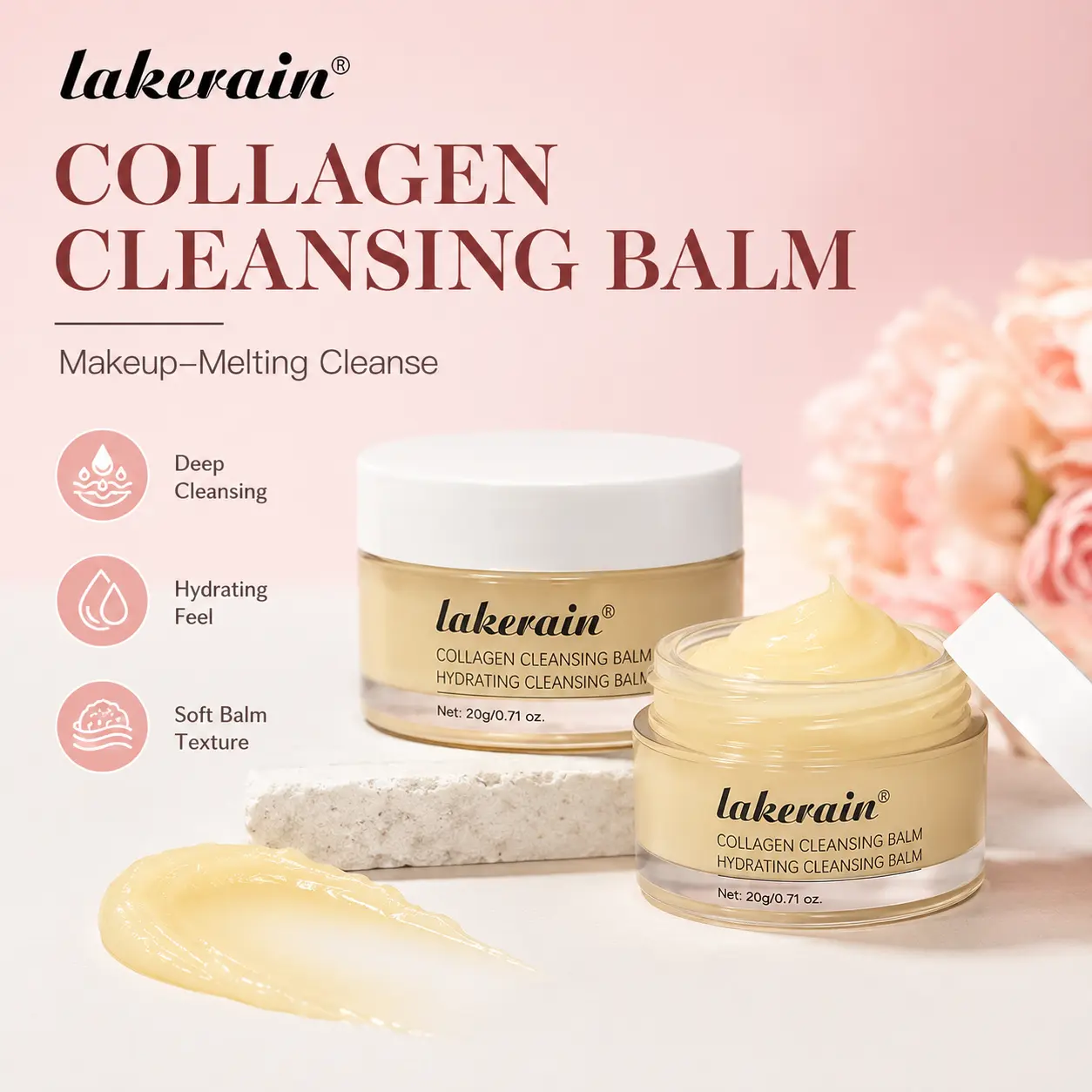3 PCS Collagen Cleansing Balm Makeup Remover, Moisturizing Balm-to-Oil Face Cleanser for Eyes-Lips, Melts Makeup & Daily Grime, Delivers Soft Skin, Ideal for Double Cleansing, All Skin Types, 20g, Cosmetic