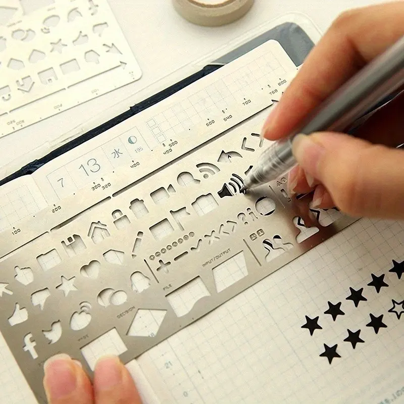 2 Piece Set Creative Multifunctional Artist Drawing Doodle Bookmark, Stainless Steel Planning Ruler & Graphics Lace Tool for Crafting, Scrapbooking, Office Supplies