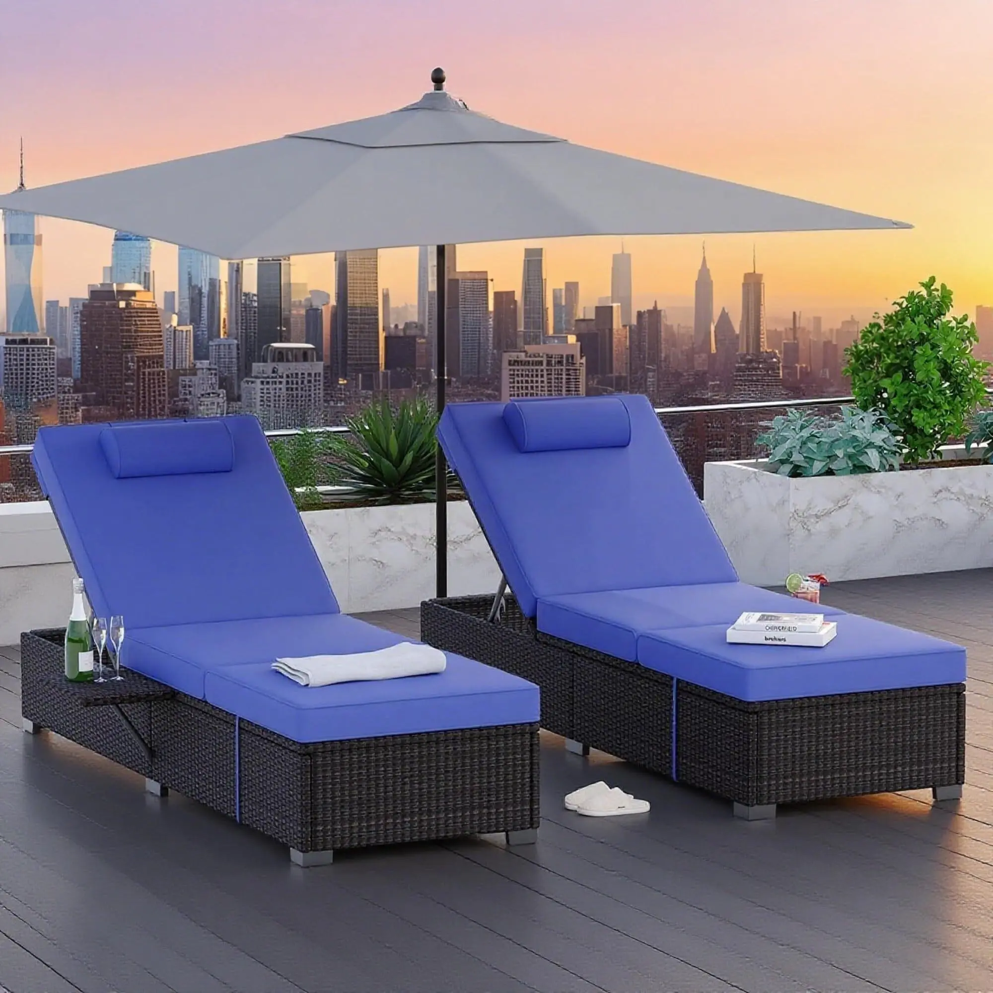 2-Person Cushioned Chaise Lounge Set, Brown Wicker Frame Outdoor Patio Chairs with Blue Cushioned Seats for Indoor, Outdoor, Poolside Use, Two People