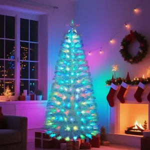7 Color Fiber Optic Christmas Tree White 4/5/6 FT Pre-Lit Artificial Xmas Tree PVC Material 125/170/220 Tips for Holiday Home Decor Indoor Easy Assembly for Office Decoration