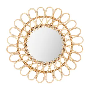 15.75 in Round Handmade Rattan Wall Mirror, 7.87 in Glass, Natural Wicker Decorative Mirror, Eco-Friendly Durable Farmhouse Home Decor for Living Room, Bathroom Vanity, Mirrors